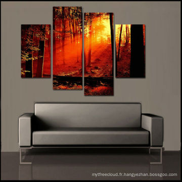 Peinture à la forêt Sunrise Sunrise, Impression Frameless, Lot de 4